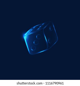 Neon falling dice on the blue background. Modern 3d graphic concept. Casino icon. Isolated vector illustration.