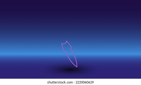 Neon falling rocket symbol on a gradient blue background. The isolated symbol is located in the bottom center. Gradient blue with light blue skyline