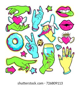 Neon fashion patch badges with gestures of hands, hearts and other elements. Vector illustration isolated on white background. Set of stickers, pins, patches in trendy 80s-90s style.