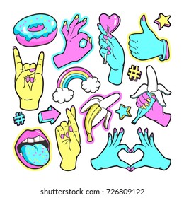 Neon fashion patch badges with gestures of hands, hearts and other elements. Vector illustration isolated on white background. Set of stickers, pins, patches in trendy 80s-90s style.