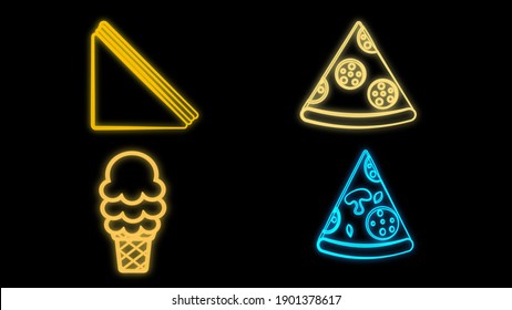 Neon fast food set, big set, pizza, french fries, burger, ice cream, donut, hot dog, cocktail and taco, neon light, brick background, vector illustration