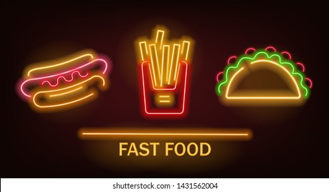 Neon fast food set, french fries,  hot dog, and taco, neon light, brick background, vector illustration