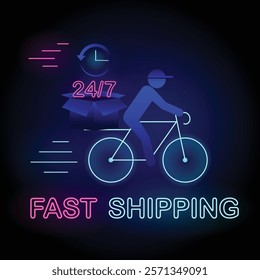 Neon Fast Shipping Banner, a delivery man riding bicycle with package tied with bow, clock, inscription twenty-four seven and neon text Fast Shipping