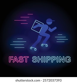 Neon Fast Shipping Banner, a delivery man on rollers is hurrying with a bag tied with bow and neon text Fast Shipping