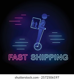 Neon Fast Shipping Banner, a delivery man riding Gyro scooter with the bag tied with bow and neon text Fast Shipping