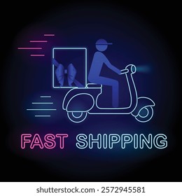 Neon Fast Shipping Banner, a delivery man riding motorcycle with package tied with bow and neon text Fast Shipping