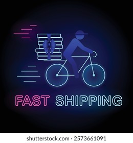 Neon Fast Shipping Banner, a delivery man riding bicycle with pizzas tied with bow and text Fast Shipping