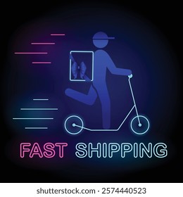 Neon Fast Shipping Banner, a delivery man riding scooter with the bag tied with bow and neon text Fast Shipping