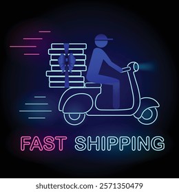 Neon Fast Shipping Banner, a pizza delivery man riding motorcycle with pizzas tied with bow and neon text Fast Shipping