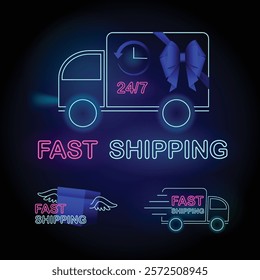Neon Fast Shipping Banner Set, delivery Fast Shipping van, Fast Shipping box with wings, delivery truck with clock, inscription twenty-four seven and text Fast Shipping
