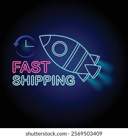 Neon Fast Shipping Banner, neon space rocket and neon Fast Shipping text with stylish navy blue elements perfect for Digital and Retail Marketing