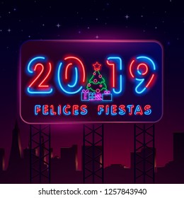 Neon Felices Fiestas, handwritten phrase, translated from Spanish Happy Holidays. Vector Neon light Christmas, New Year illustration on dark background.