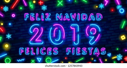 Neon Felices Fiestas, handwritten phrase, translated from Spanish Happy Holidays. Vector Neon light Christmas, New Year illustration on dark background.