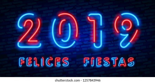 Neon Felices Fiestas, handwritten phrase, translated from Spanish Happy Holidays. Vector Neon light Christmas, New Year illustration on dark background.