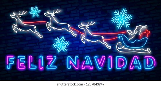 Neon Felices Fiestas, handwritten phrase, translated from Spanish Happy Holidays. Vector Neon light Christmas, New Year illustration on dark background.