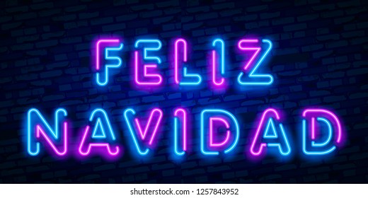 Neon Felices Fiestas, handwritten phrase, translated from Spanish Happy Holidays. Vector Neon light Christmas, New Year illustration on dark background.