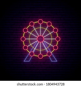 Neon Ferris wheel sign. Entertainment industry emblem in neon style. Glowing Ferris wheel icon on brick wall background. Vector illustration.