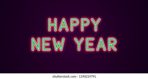 Neon festive inscription for Happy New Year. Vector illustration of Happy New Year text in Neon style with backlight, Green and Red colors. Isolated glowing lettering for decoration
