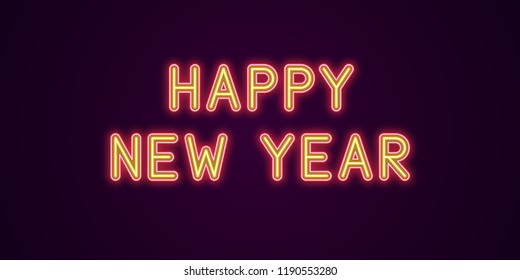 Neon festive inscription for Happy New Year. Vector illustration of Happy New Year text in Neon style with backlight, Red and Yellow colors. Isolated glowing lettering for decoration
