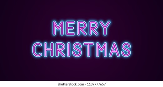 Neon festive inscription for Merry Christmas. Vector illustration of Merry Christmas text in Neon style with backlight, Blue and Purple colors. Isolated glowing lettering for decoration