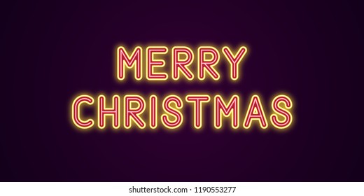 Neon festive inscription for Merry Christmas. Vector illustration of Merry Christmas text in Neon style with backlight, Red and Yellow colors. Isolated glowing lettering for decoration
