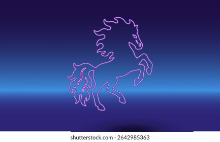 Neon fiery horse symbol on a gradient blue background. The isolated symbol is located in the bottom center. Gradient blue with light blue skyline