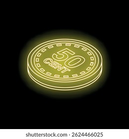 Neon fifty cent coin glowing on a black background, representing finance, currency, and economic concepts