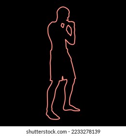 Neon fighter in fighting stance man doing exercises sport action male workout silhouette side view icon black color vector illustration flat style simple imagein circle round red color vector
