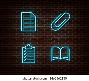 Neon file, checklist, book, note, clip signs vector isolated on brick wall. Neon studying light symbol. Vector illustration.