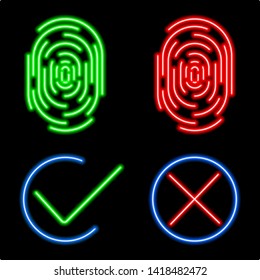 neon fingerprint icon with signs approved and not approved on black background