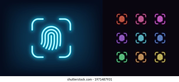 Neon Fingerprint Scanner Icon. Glowing Neon Thumbprint Sign, Outline Finger Print Recognition And Identify Pictogram. Personal Biometric Data, Identification And Verification. Vector Icon Set