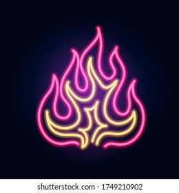 Neon Fire. Fashion sign. Night light signboard, Glowing banner. Summer emblem. Club Bar logo on dark background. Flames or blaze.