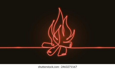 Neon. Fire flame. Campfire, bonfire. Glowing neon line. Heat symbol. Burning bonfire with wood. Blazing Fire. Isolated on black background. Summer camp neon sign, bright signboard, light banner. Logo.