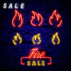 Neon Fire Icon. Elements Of Eco In Neon Style Icons. Simple Neon Flame Icon For Websites, Web Design, Mobile App, Info Graphics. Vector Illustration In Neon Style. Word: FIRE In Light Style.