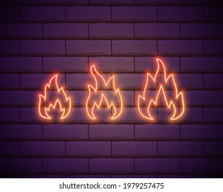 Neon fire icon. Elements in neon style icons. Simple neon flame icon for websites, web design, mobile app isolated on brick wall.