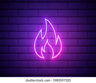 Neon fire icon. Elements in neon style icons. Simple neon flame icon for websites, web design, mobile app isolated on brick wall.