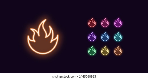 Neon Fire icon, Flame. Set of glowing Fire in Neon style with transparent backlight. Vector silhouette, red pink purple violet blue azure green yellow orange color