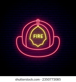 Neon fireman helmet sign. Glowing firefighter helmet on dark brick wall background. Vector illustration in neon style.