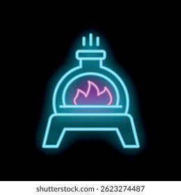 Neon fireplace with blue flames is burning brightly on a black background