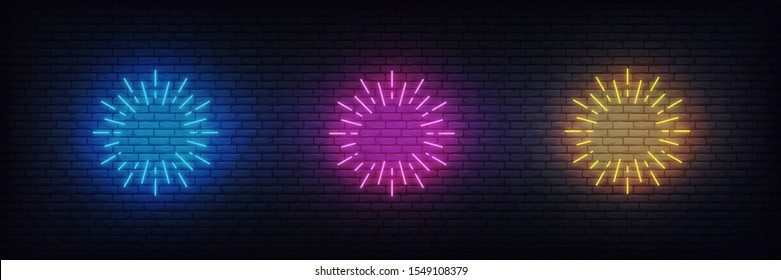 Neon firework burst. Set of glowing neon firework signs