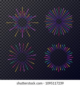 Neon fireworks set isolated on transparent background. Sunburst, star for tag, emblem, logo, stamp, logotype, t shirt, banner. Vector Illustration 10 eps