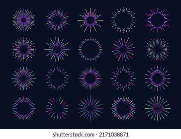 Neon fireworks vector set isolated on black background for tag, emblem, logo, stamp, logotype, t shirt, banner. Sunburst, star. Vector Illustration 10 eps