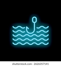 Neon fishing hook glowing on dark background representing fishing concept