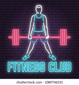 Neon fitness club sign on brick wall background. Vector illustration. For fitness centers emblems, gym signs related health and gym business. Man doing heavy deadlifts. Advertisement sign.