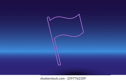 Neon flag symbol on a gradient blue background. The isolated symbol is located in the bottom center. Gradient blue with light blue skyline
