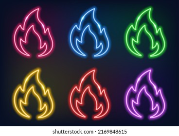 Neon flame in different colors. Fire in neon style. Neon sign. Glowing lines on a dark background.