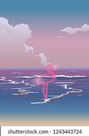 Neon flamingo and anime style beach simple background, nostalgic 80s