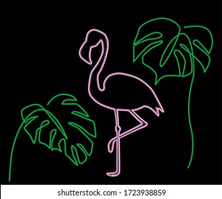 Neon flamingo. Neon monstera leaves 