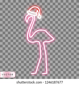 Neon flamingo in Santa Christmas hat on transparent background.