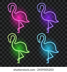 Neon flamingo set, glowing bird signs isolated on transparent background, vector illustration.